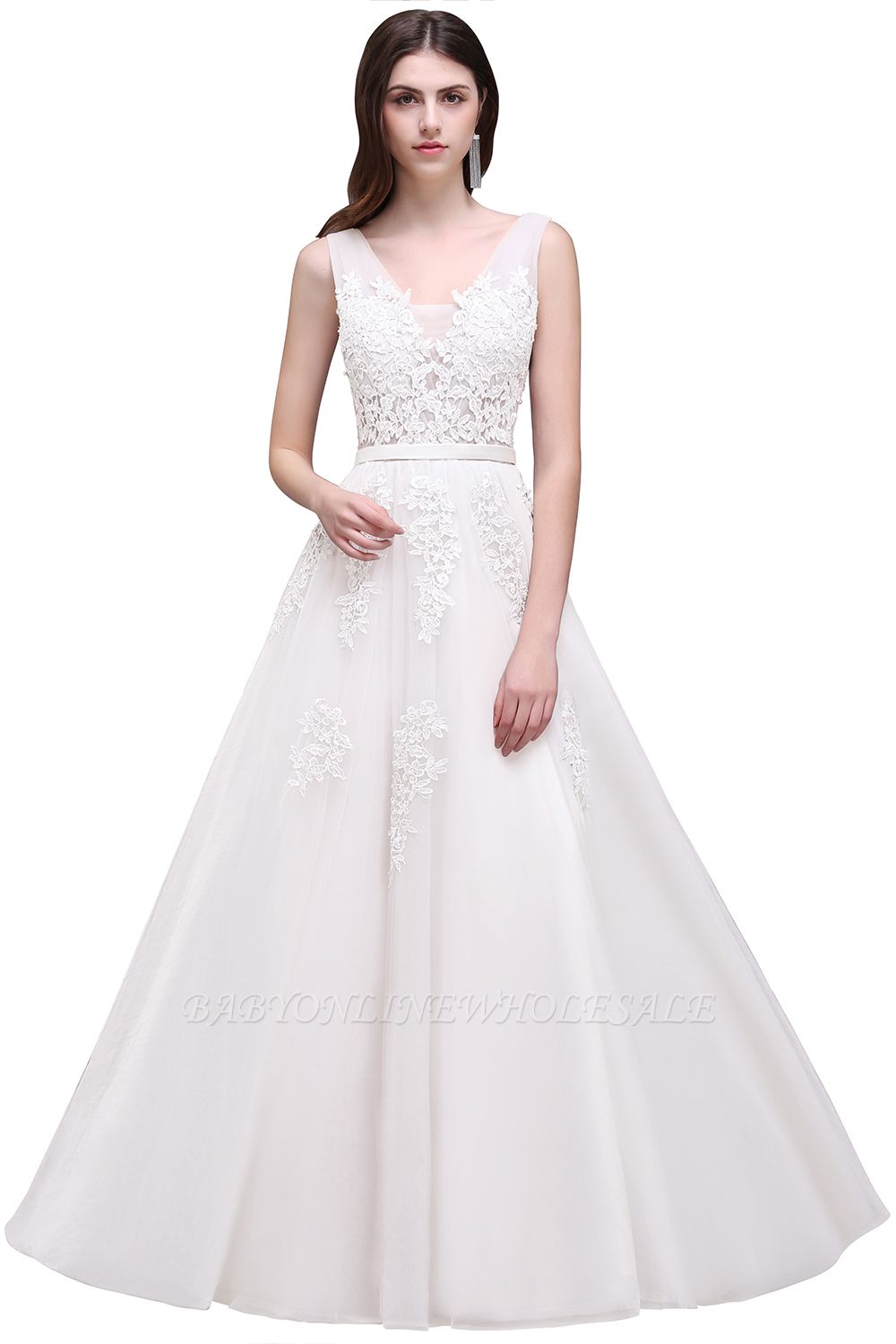 V-Ausschnitt A-Linie Bodenlanges Tüll Brautjungfernkleid | Brautjungfer Kleid Mit Applikationen