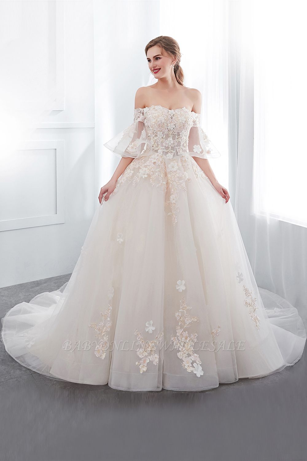 NANCE | Ball Gown Off-the-shoulder Floor Length Appliques Tulle Wedding Dresses