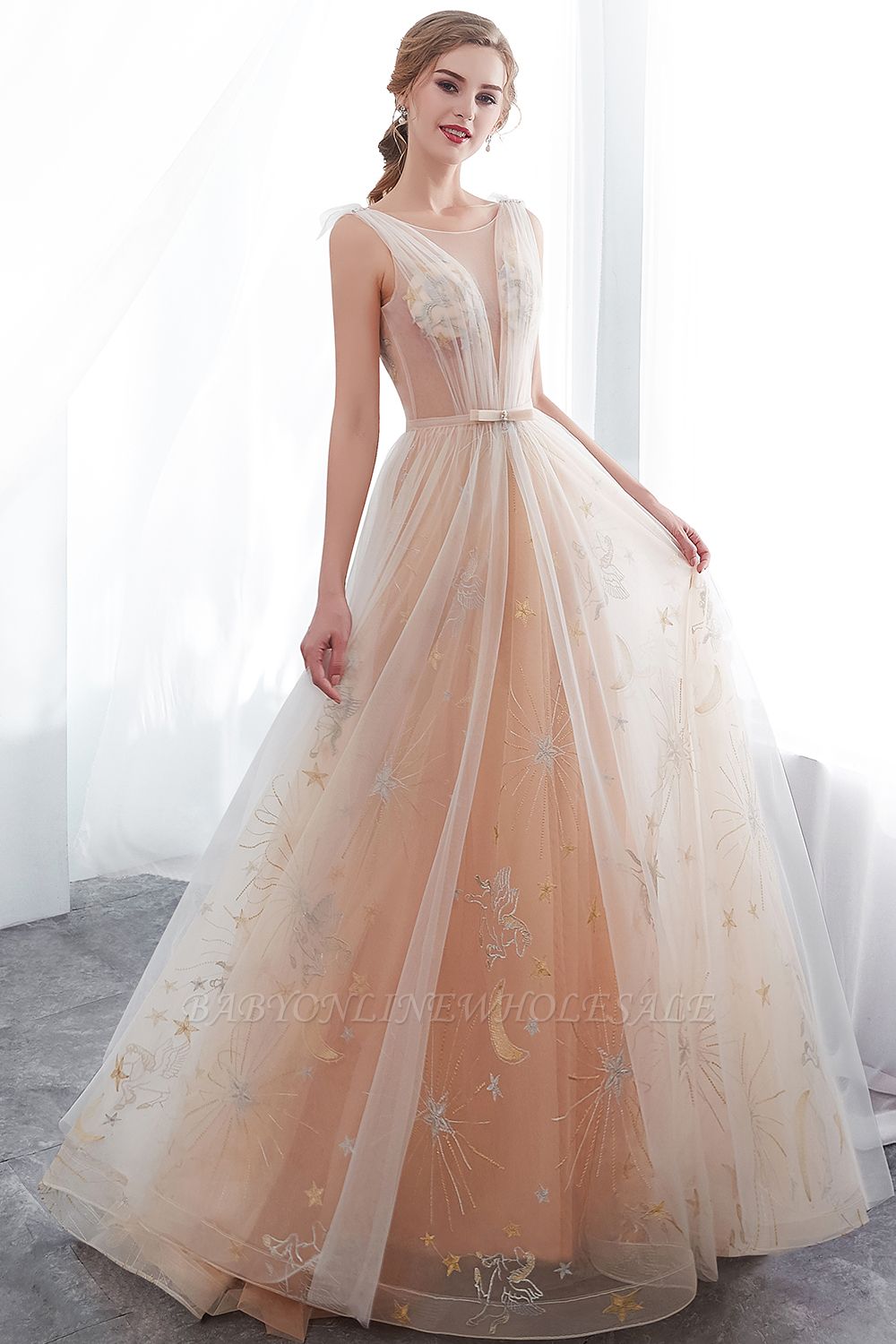 NANETTE | A-line Sleeveless Long Tulle Appliques Champangne Evening Dresses with Sash