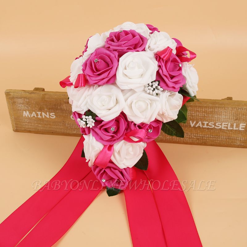 Colorido ramo de boda de seda rosa con cintas