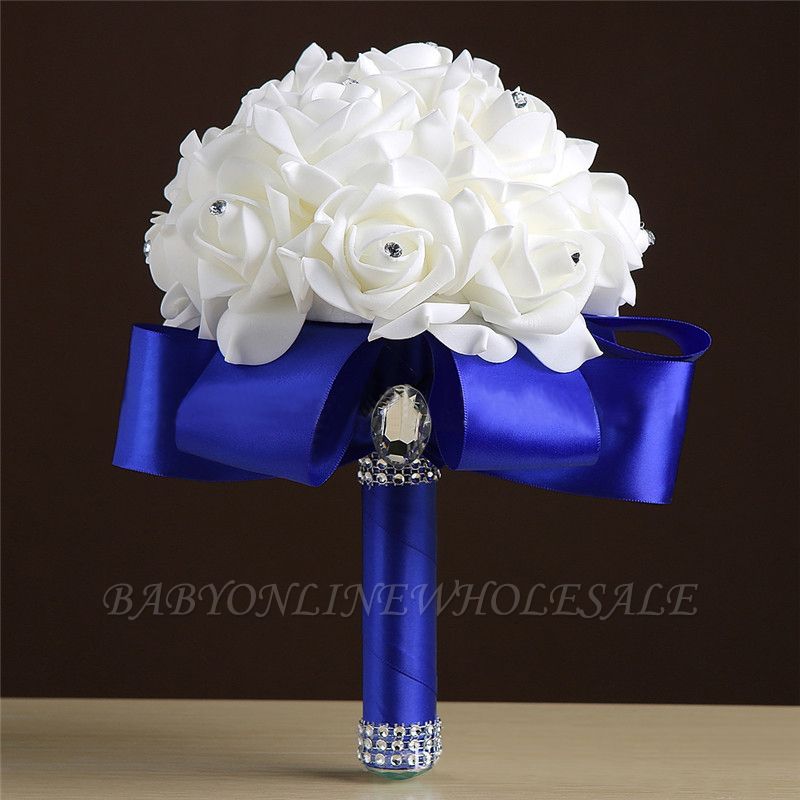 White Silk Rose Crystal Beading Bouquet in Colorful Handles