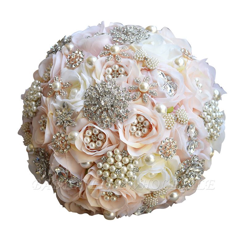 Ramo de novia de seda con cuentas de cristal brillante en blanco y rosa |  Babyonlinewholesale