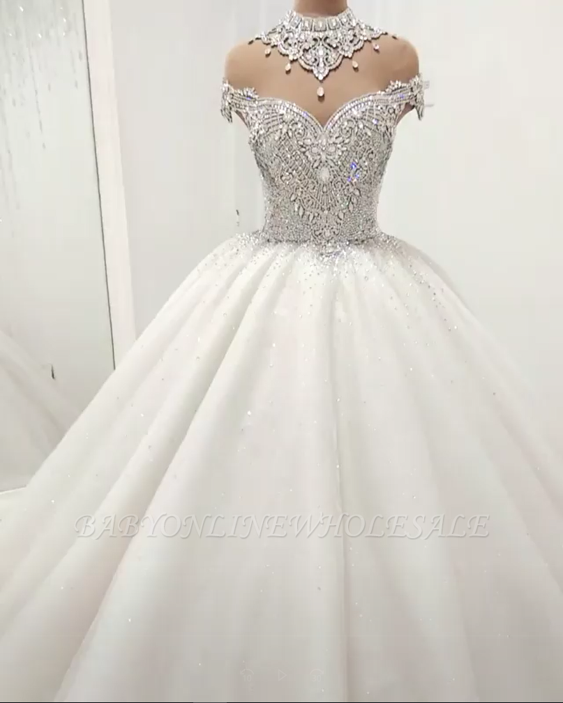 Роскошные высокие шеи Кристалл бисером бальное платье свадебные платья