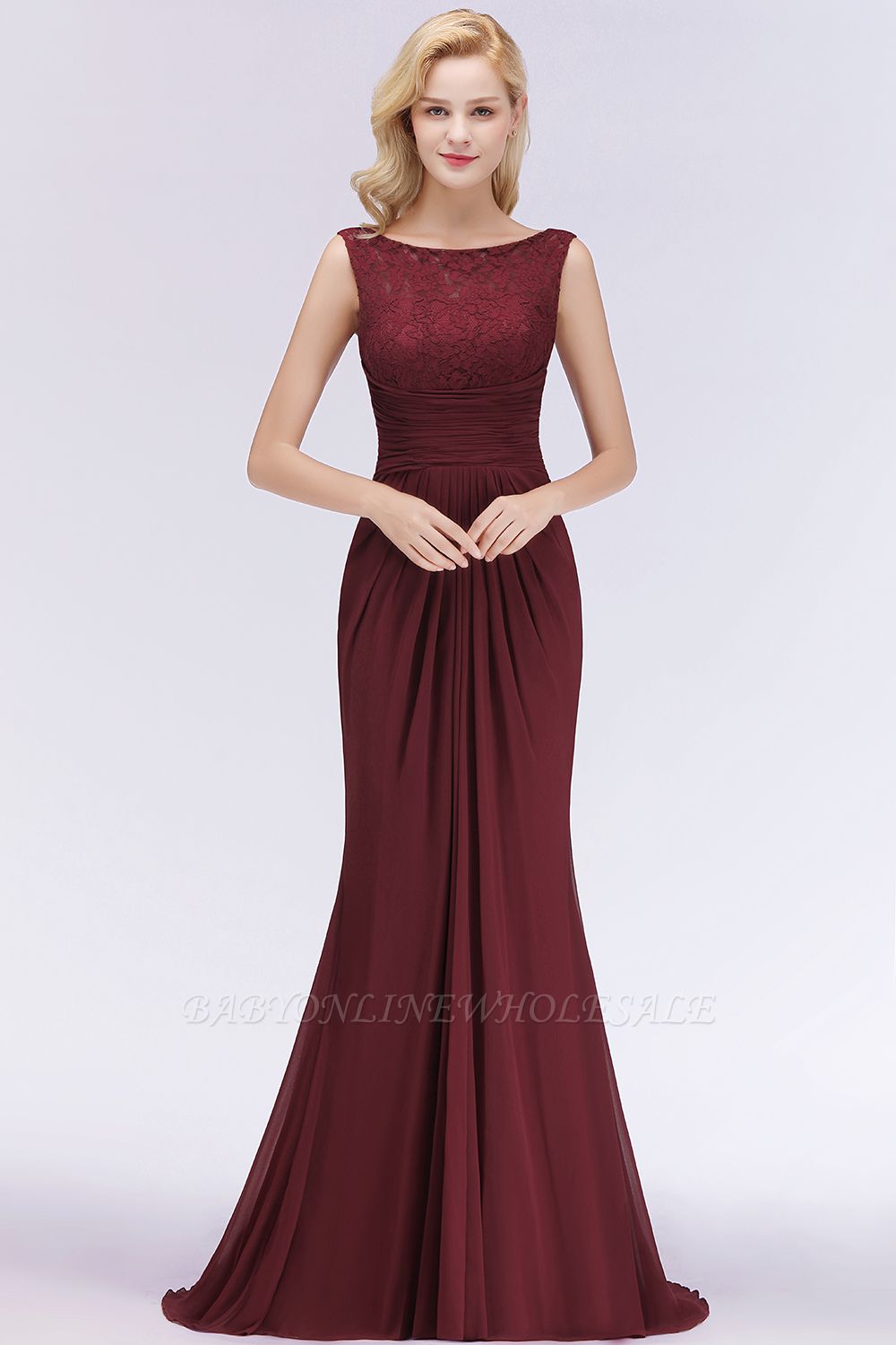 Elegant A-Line Burgundy Chiffon Lace Scoop Sleeveless Ruffles Floor-Length Bridesmaid Dresses