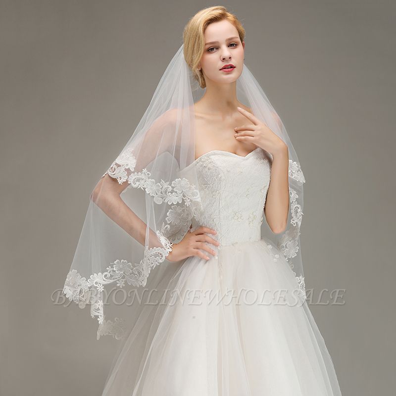 erdft01 Stunning Two-Layer Wedding Veils 2022 with Tulle Applique, Lace, and Sequins - in Stock Now!