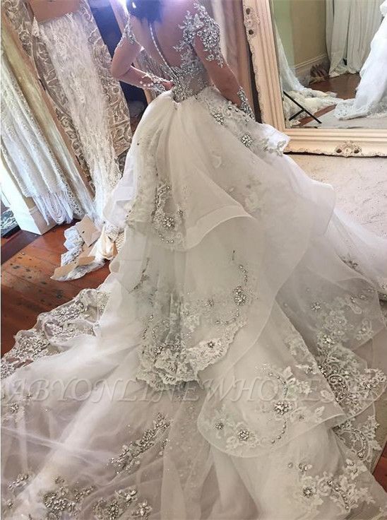 Glamorous Long Sleeves Tulle High Neck Bride Dresses Appliques Wedding ...