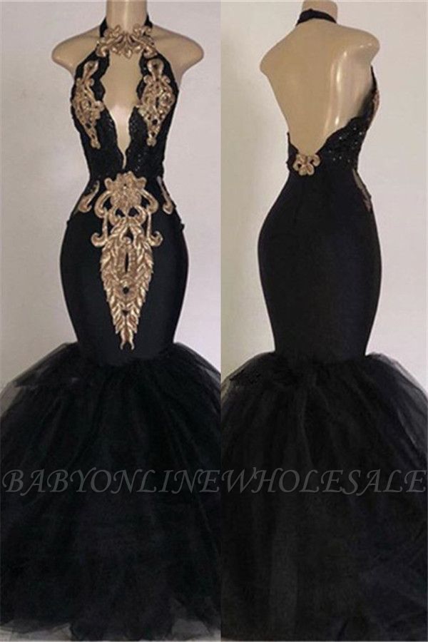 Sexy Backless Prom vestidos baratos com apliques de ouro | Sereia Halter vestidos de noite com fechadura