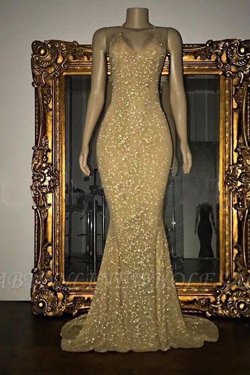 Stunning Sequined Mermaid Spaghetti-strap Long Sleeveless Prom Dress
