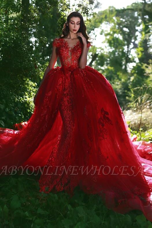 Elegante Red V-Neck Barato OverSkirt Lace Applique Prom Dresses