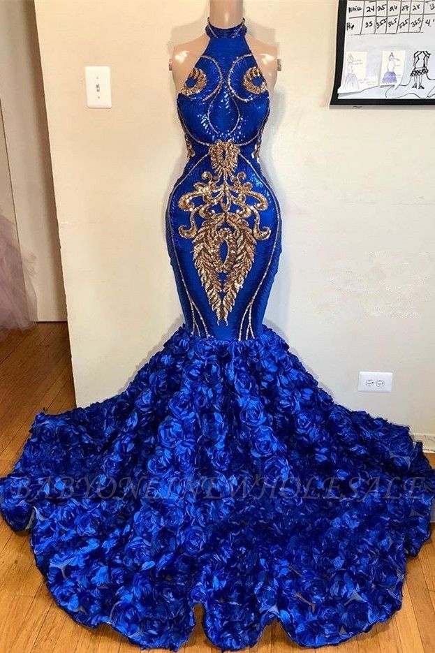 2021 Royal Blue Halter sirena vestidos de baile | Hermosas flores sin mangas largos vestidos de noche
