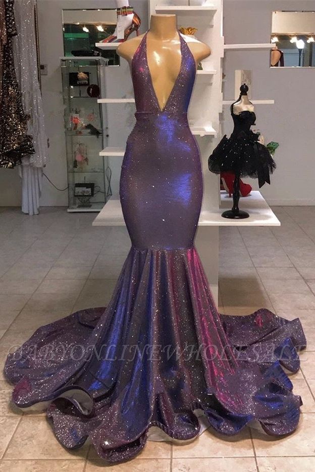 Sexy Deep V-Neck Sleeveless Prom Dresses | 2021 Halter Memaiad Sequins Evening Gowns