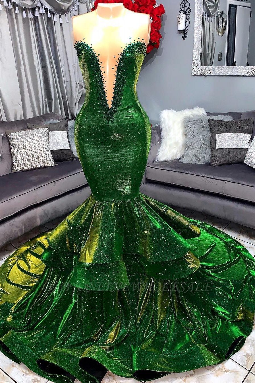Зеленые платья для выпускного Русалка с оборками Ruffles | Сексуальные аппликации возлюбленной длинные вечерние платья