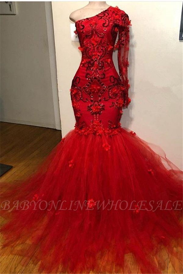Элегантное красное одно плечо с длинными рукавами аппликации Русалка платье выпускного вечера