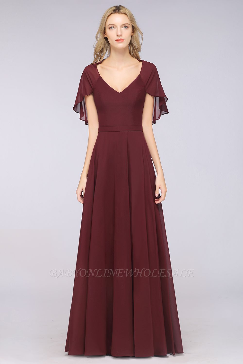 Chiffon Satin A-Line V-Neck short-sleeves Long Bridesmaid Dress