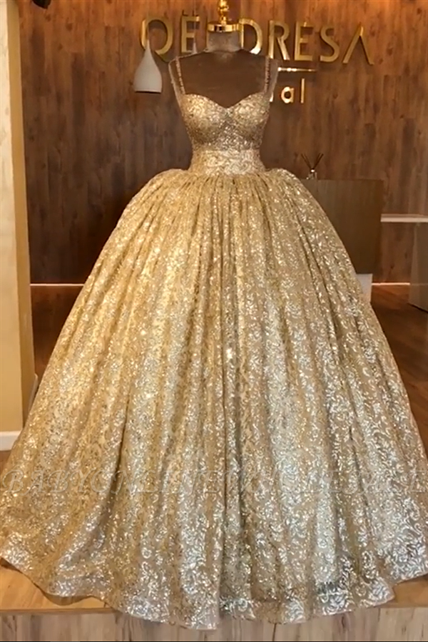 Vestido de noche de encaje con cuentas doradas con correas espaguetis | Vestido de fiesta de lujo princesa espalda abierta vestido de fiesta