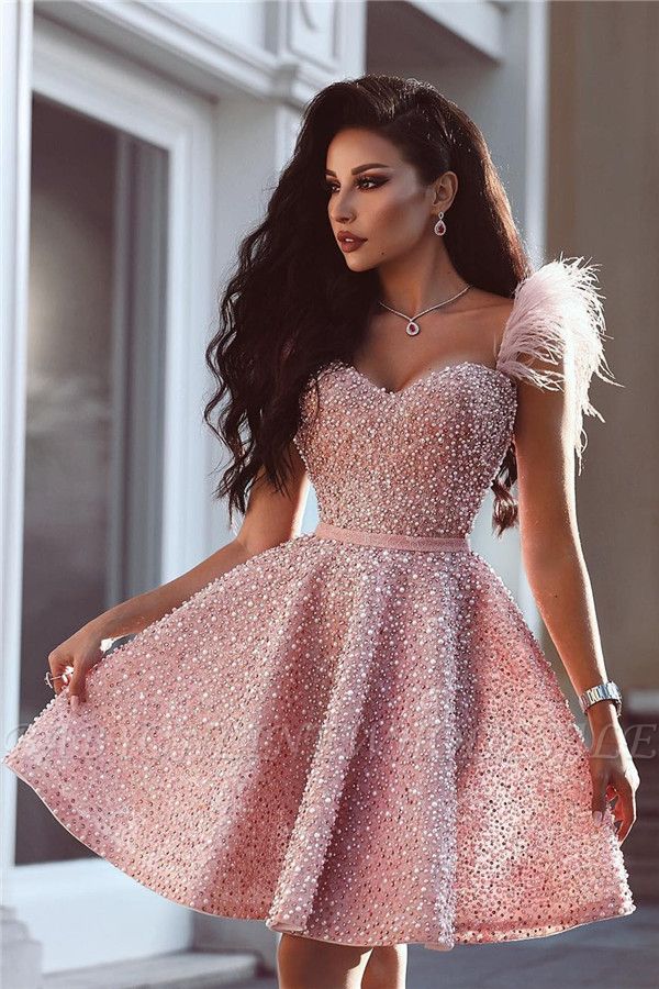 Una línea de vestido de regreso a casa abalorios | Vestido de fiesta de lujo de color rosa pluma