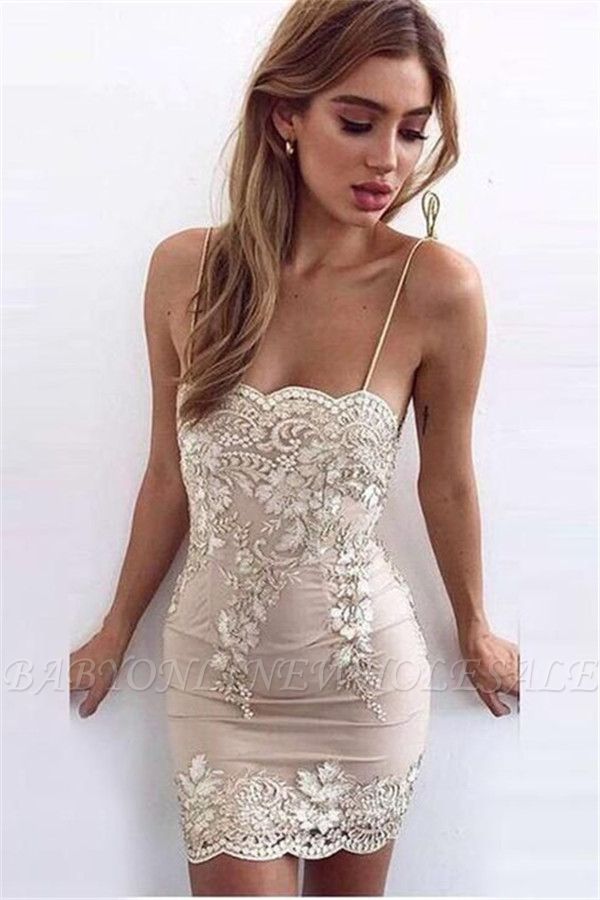 Sexy Sheath Spaghetti Straps Short Homecoming Dresses |  Appliques Hoco Dresses