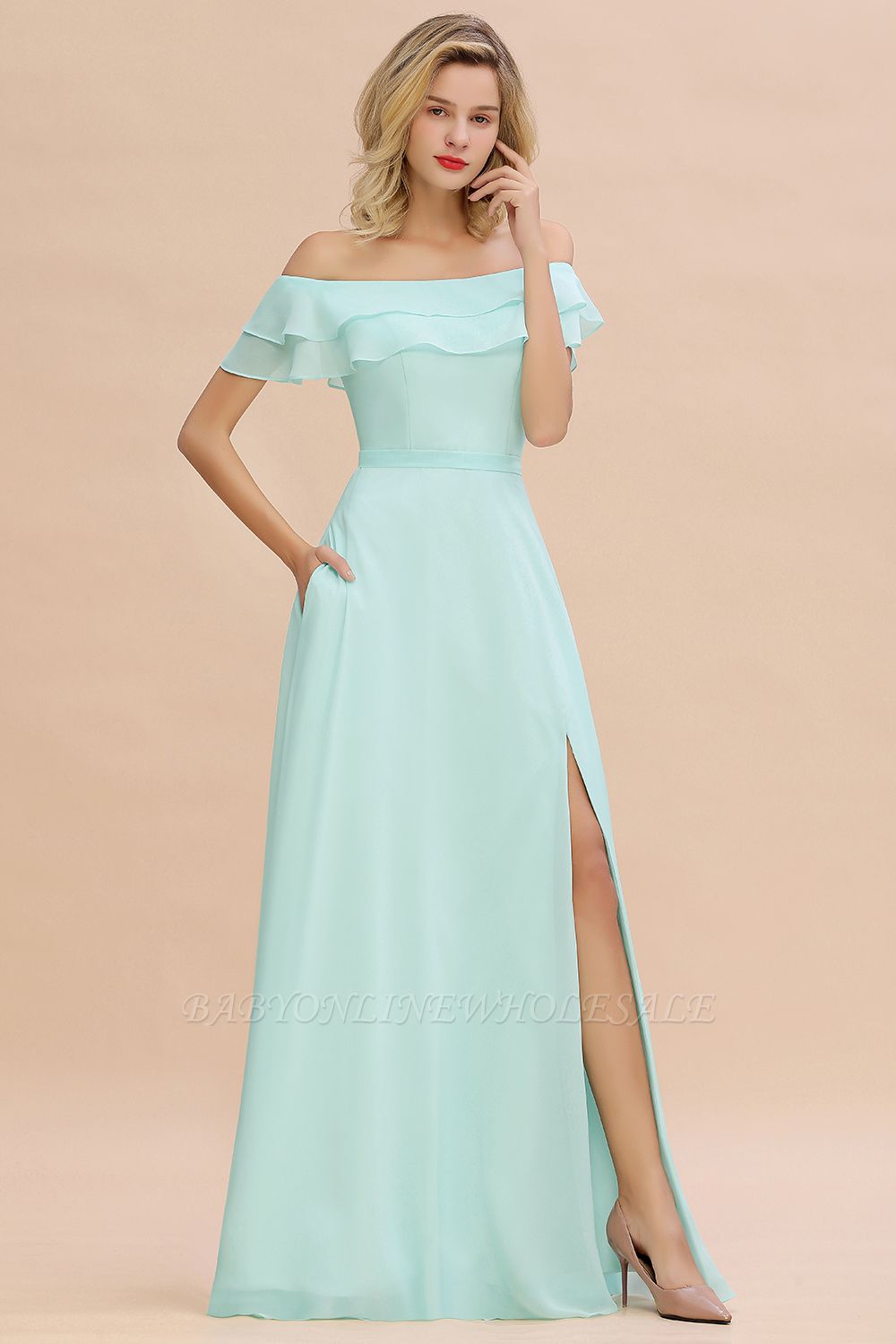 High Quality Off-the-Shoulder Front-Slit Mint Green Bridesmaid Dress
