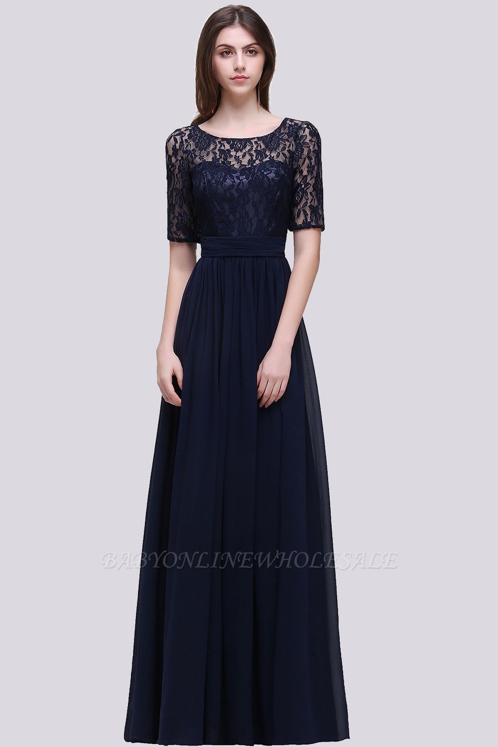 Custom Made A-line Chiffon Lace Scoop Half-Sleeve Floor-Length Bridesmaid Dress with Round back