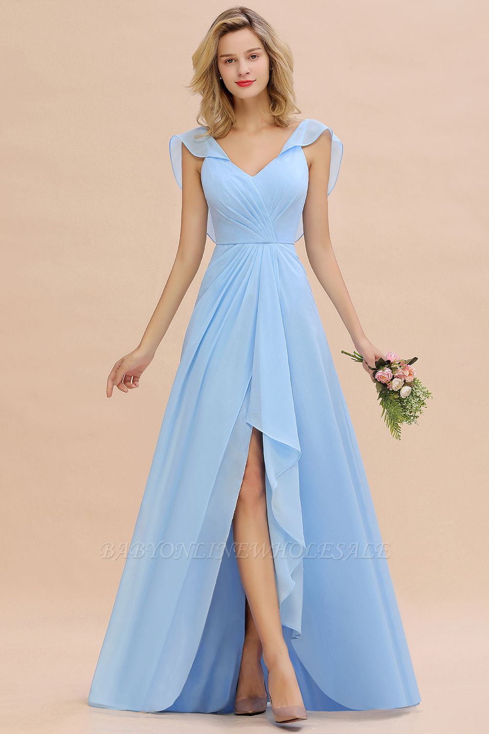 Candance | Simple Hi-Lo V-Neck Ruffles Long Bridesmaid Dress Online