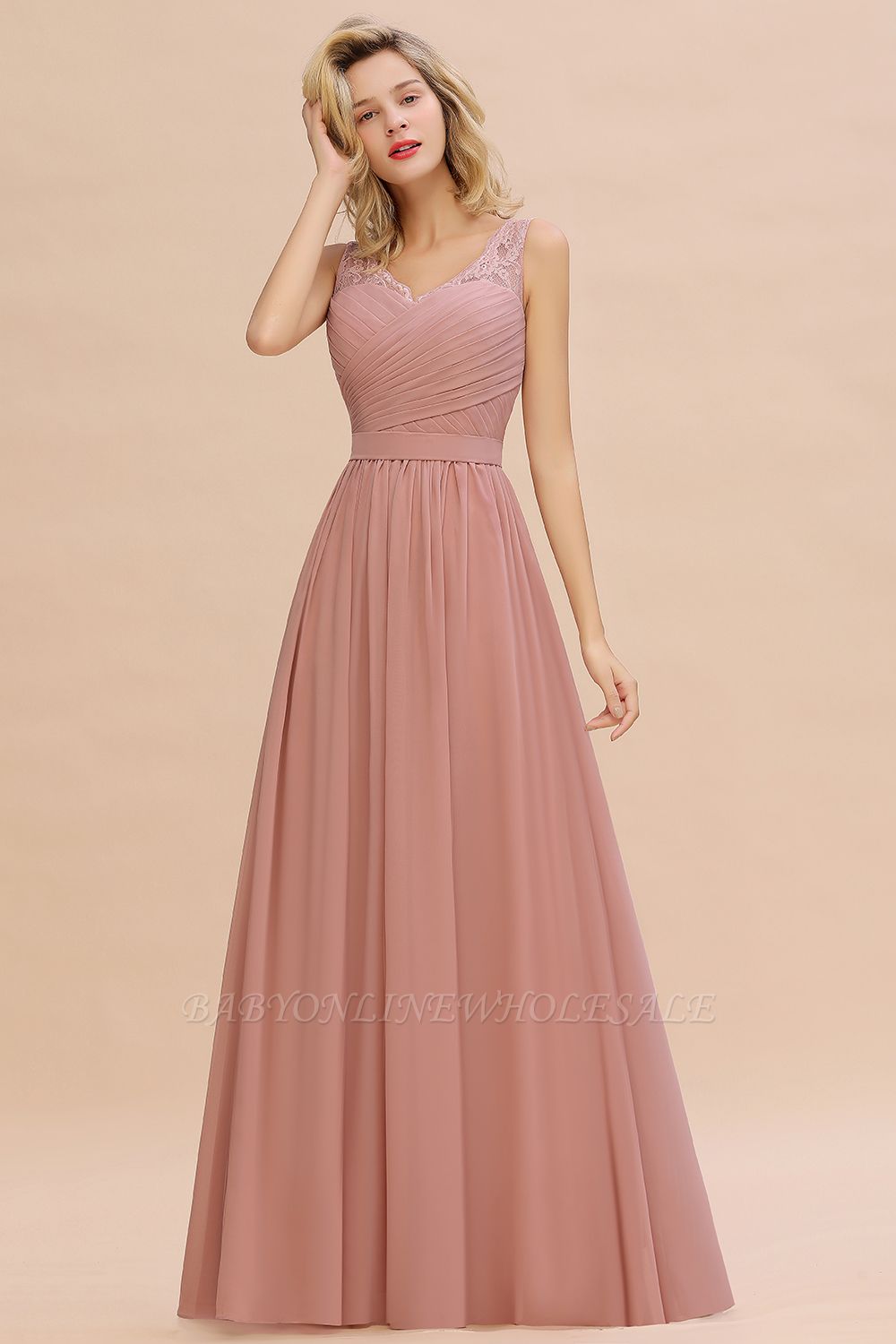Beautiful V-neck Long Evening Dresses with soft Pleats | Sexy Sleeveless V-back Dusty Pink Womens Dress for Prom