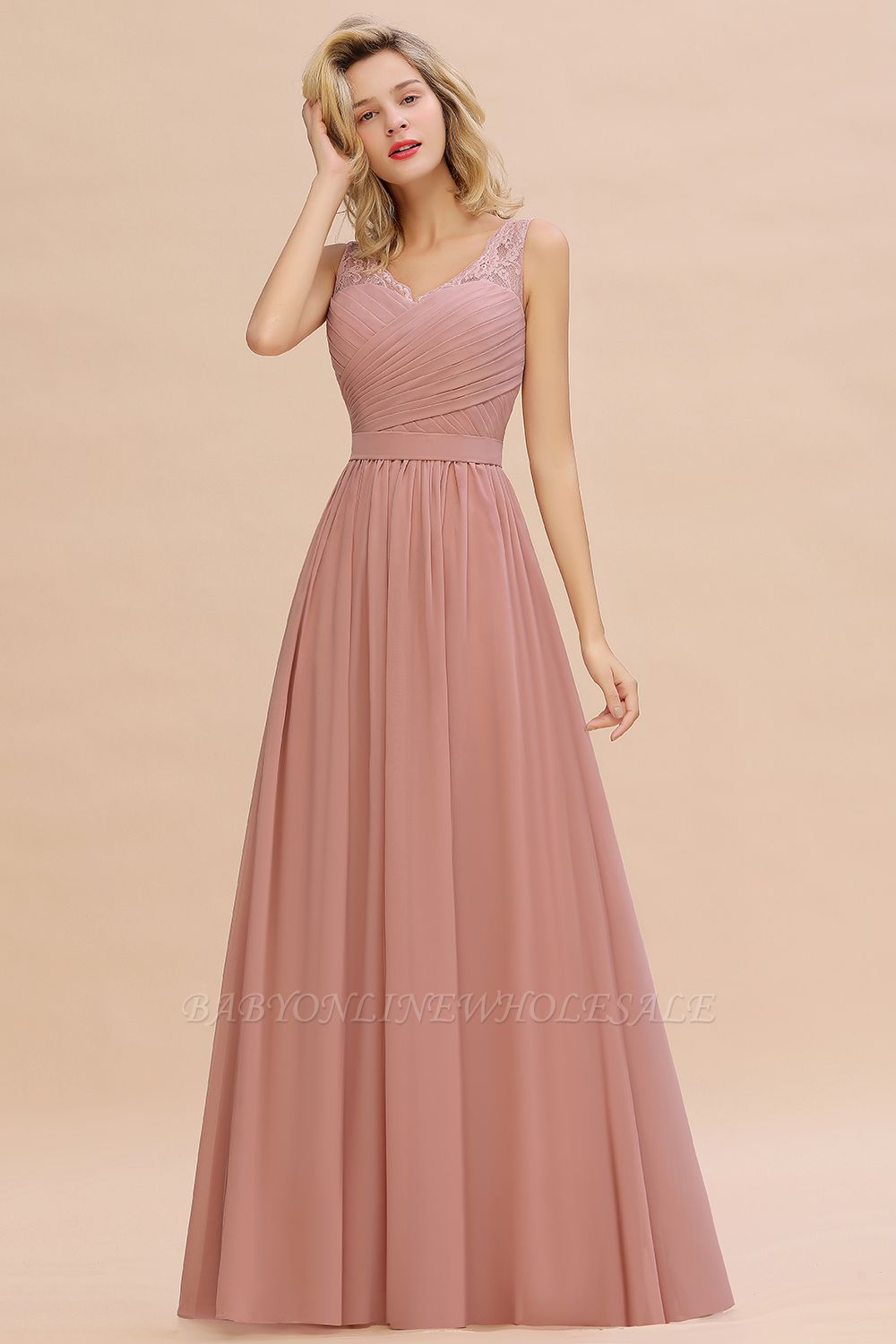 Belles robes de soirée longues col en v avec des plis doux | Robe Femme Sexy Sans Manches V-back Dusty Rose Pour Prom