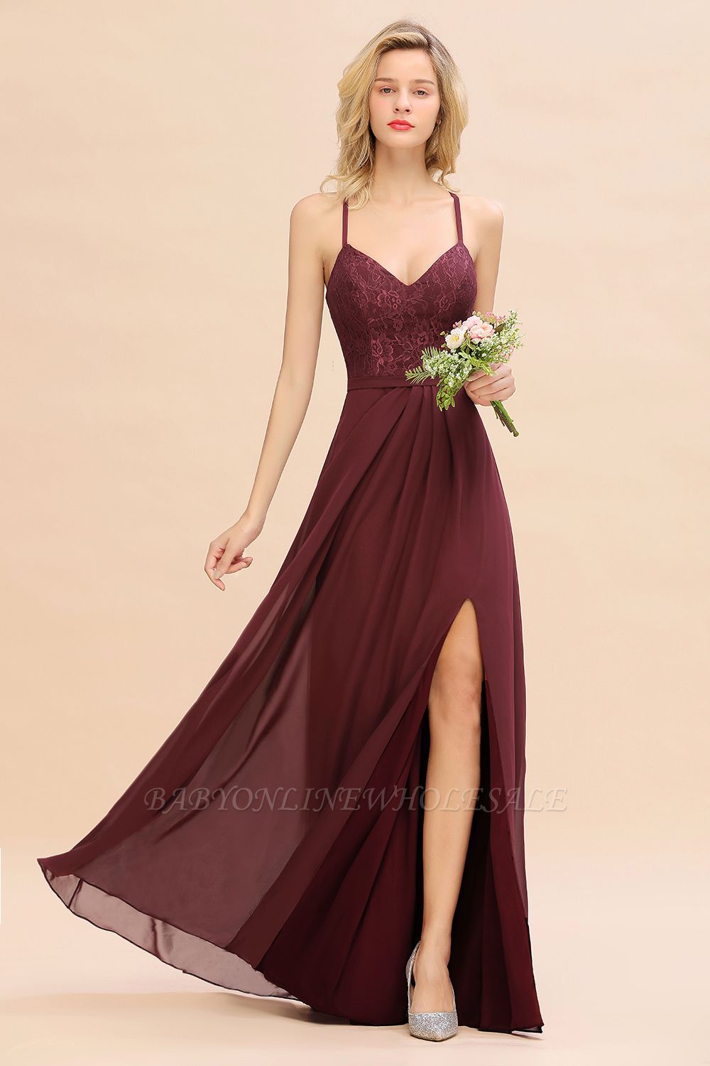 Weinrotes Brautjungfer Kleid Mit Spitze | Elegante Brautjungfrenkleider Mit Spaghettiträger