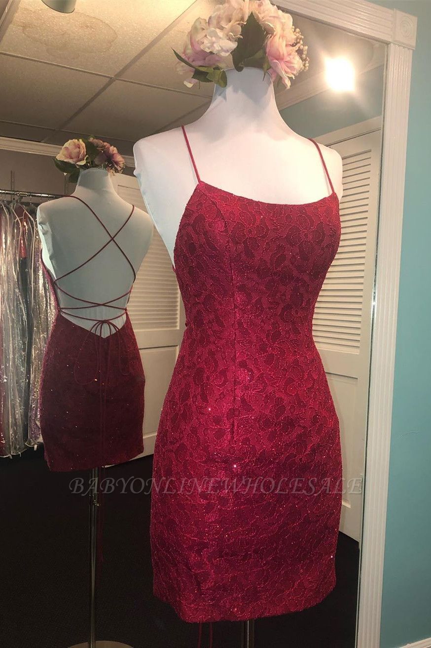 Bodycon Spaghetti Straps Sleeveless Homecoming Dress | Lace Short Mini Tight Cocktail Dress