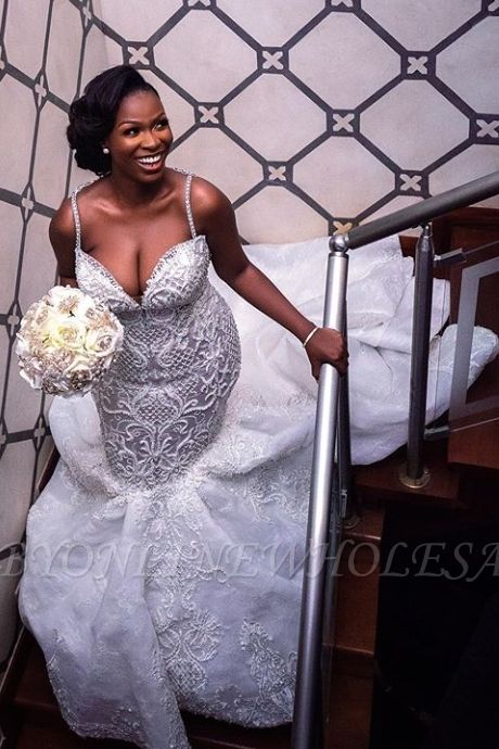 Luxo frisado Lace sereia Querida casamento vestidos | Spaghetti-Straps apliques baratos vestidos de noiva