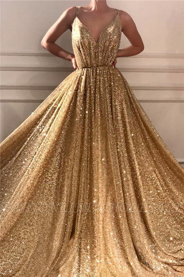 Glamorous Sequins Spaghetti Straps Long Prom Dress | Sparkle V Neck Sleeveless Gold Prom Dress