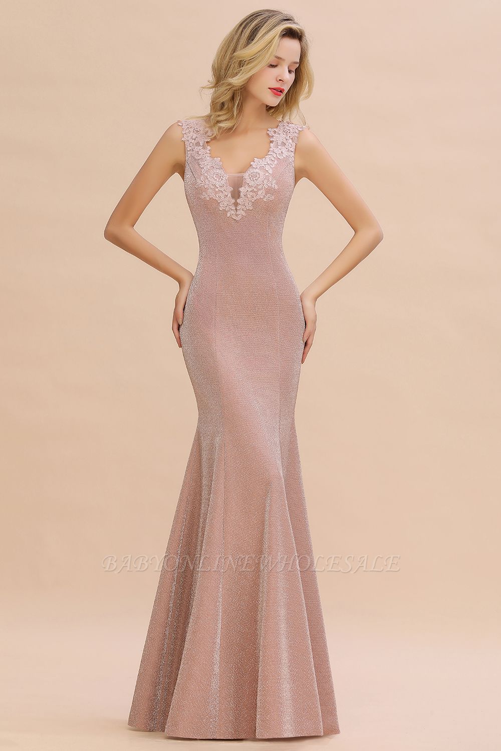 Sparkly Deep V-neck Long Evening Dresses | Elegant Flowers Neck Sleeveless Pink Floor-length Formal Dress