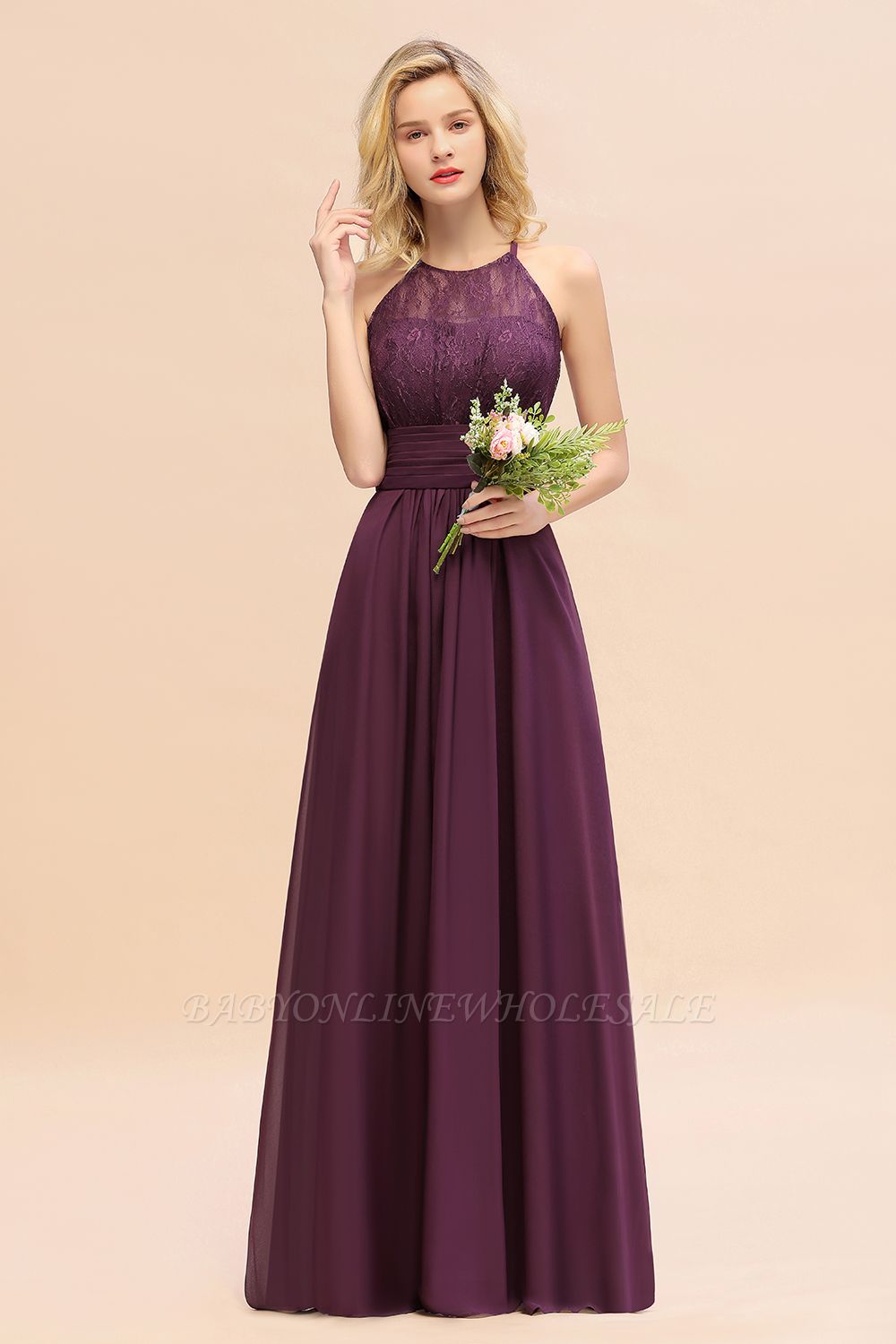Purple Elegant Halter Hollow Lace Aline Maid of Honor Dress Floor Length Chiffon Bridesmaid Dress