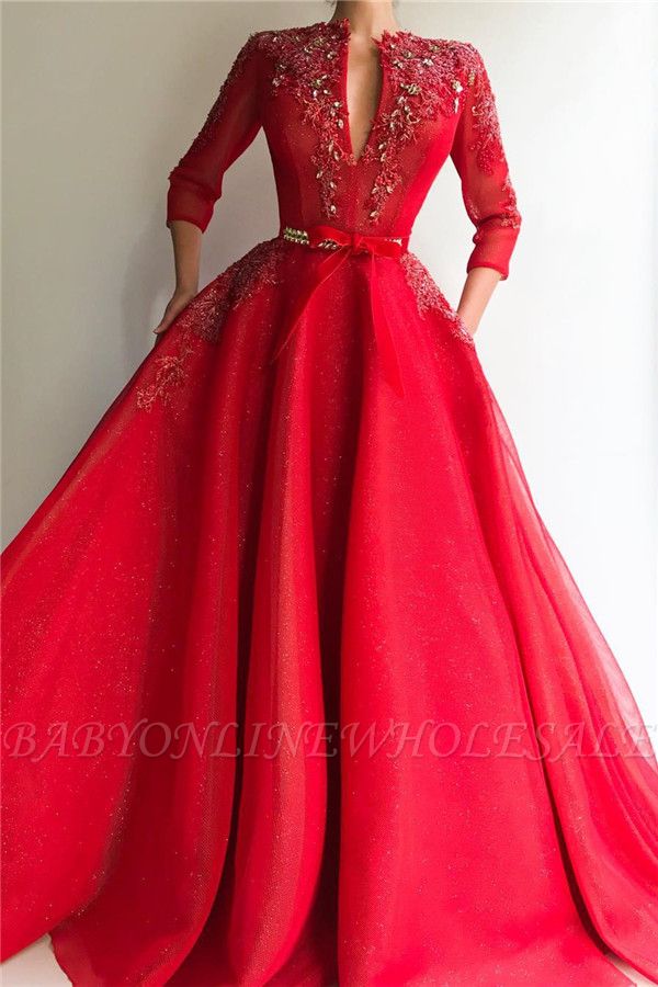Brilhantes lantejoulas tule v pescoço vermelho vestido de baile | Charming Jewel 3/4 mangas apliques vestido de baile longo