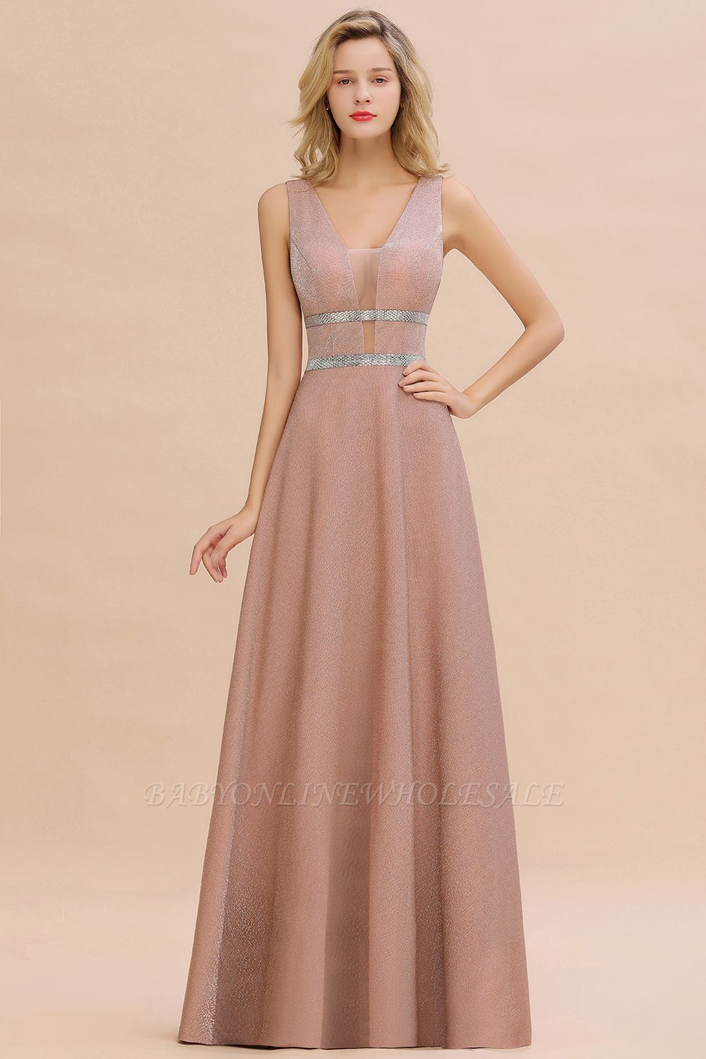 Robe de soirée longue scintillante et profonde avec ceinture brillante | Robe de soirée rose élégante sans manches à dos en V