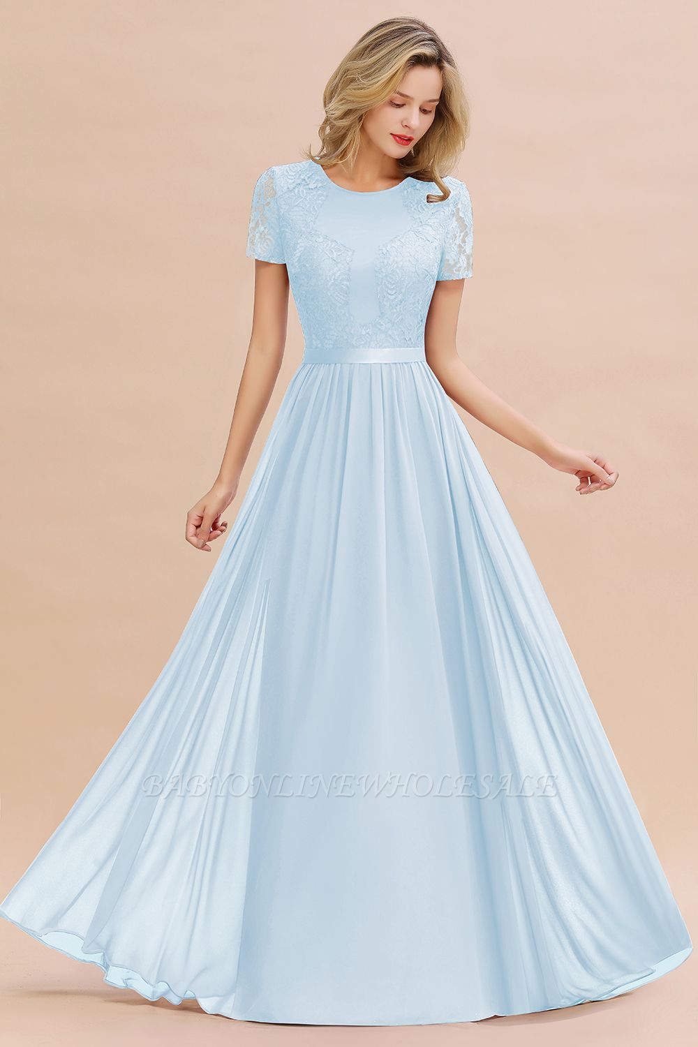 Retro Chiffon Lace Scoop Short-Sleeves Online Bridesmaid Dress
