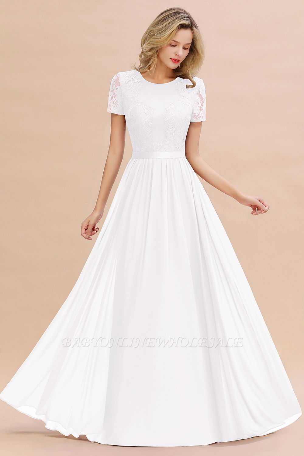 Retro Chiffon Lace Scoop Short-Sleeves Online Bridesmaid Dress