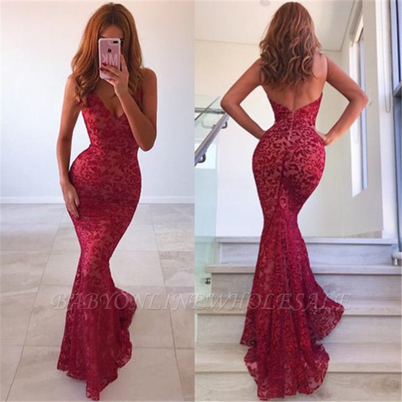 Sexy Backless Mermaid Prom Dresses Long | Red V-Neck Sleeveless Evening ...