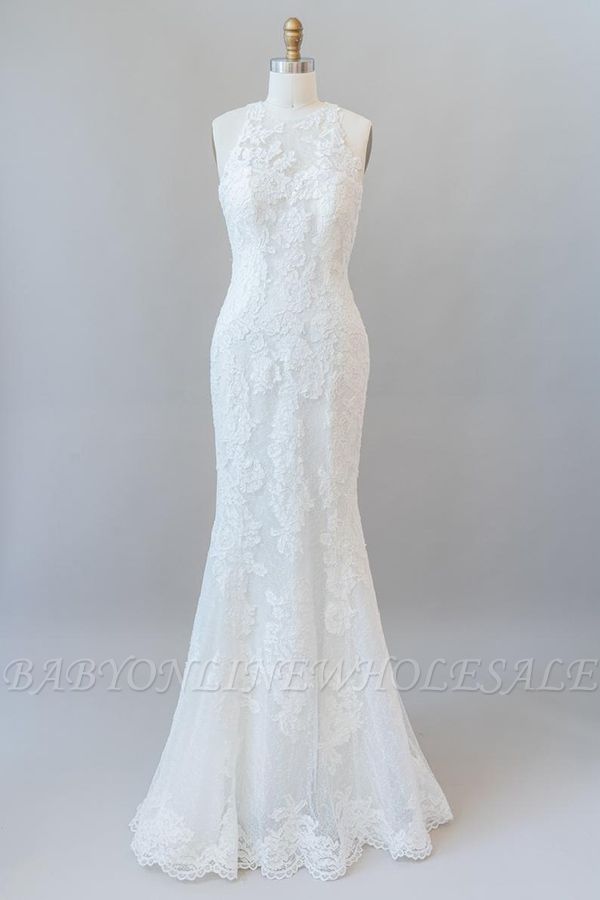 Hochgeschlossene Brautkleider im Meerjungfrau-Stil aus weißer Spitze