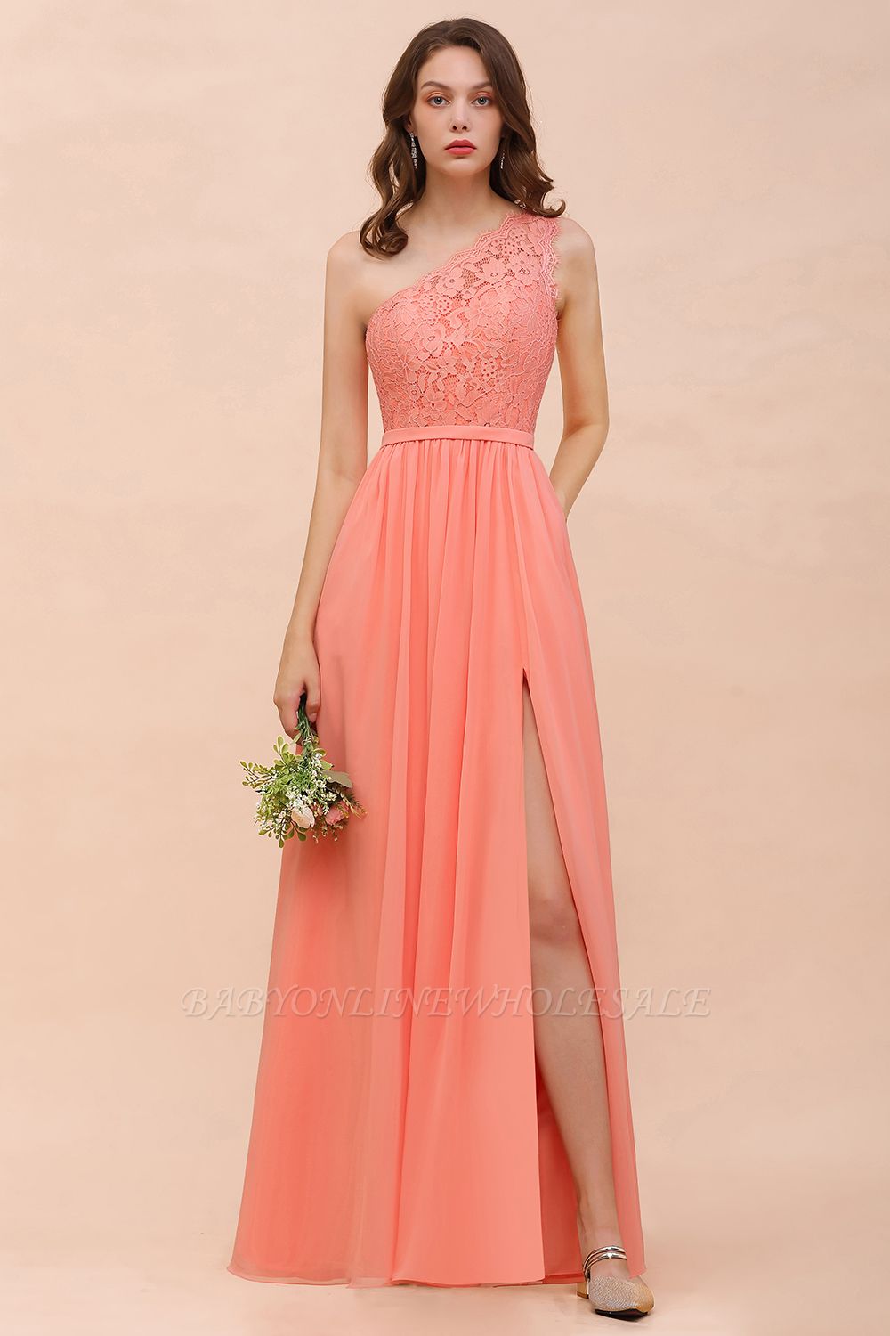 One Shoulder Floral Lace Aline Bridesmaid Dress with Side Slit