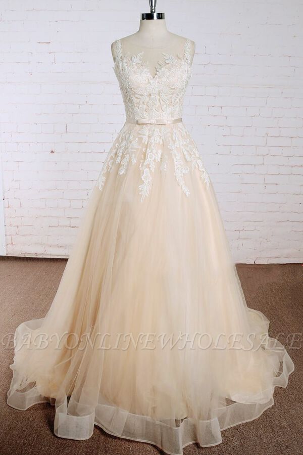 Sweetheart Tulle Belt Simple A-line Garden Wedding Dress