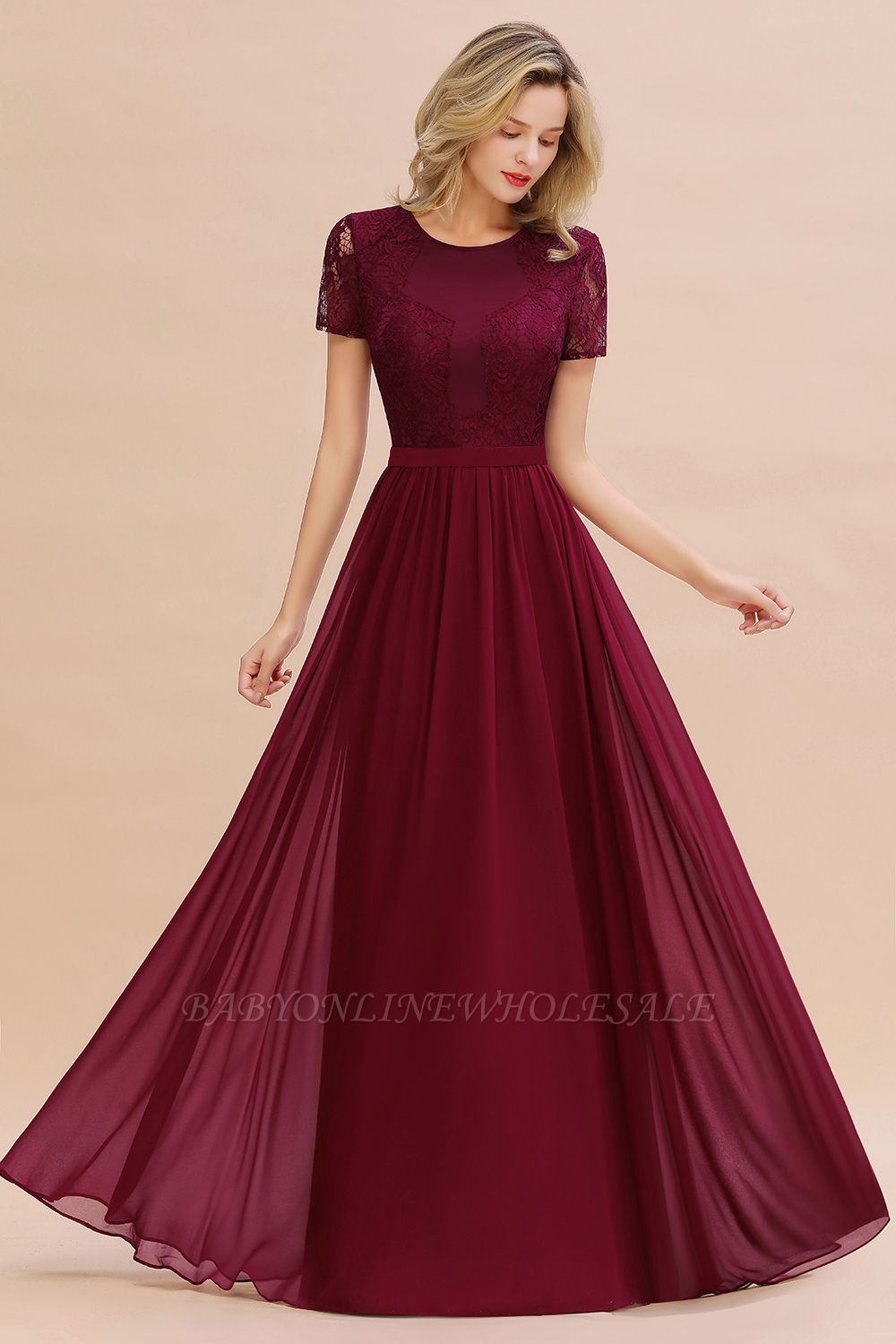 Abraham | Burgundy Short Sleeve Lace Simple Chiffon Formal Dress, Pink, Dark Green