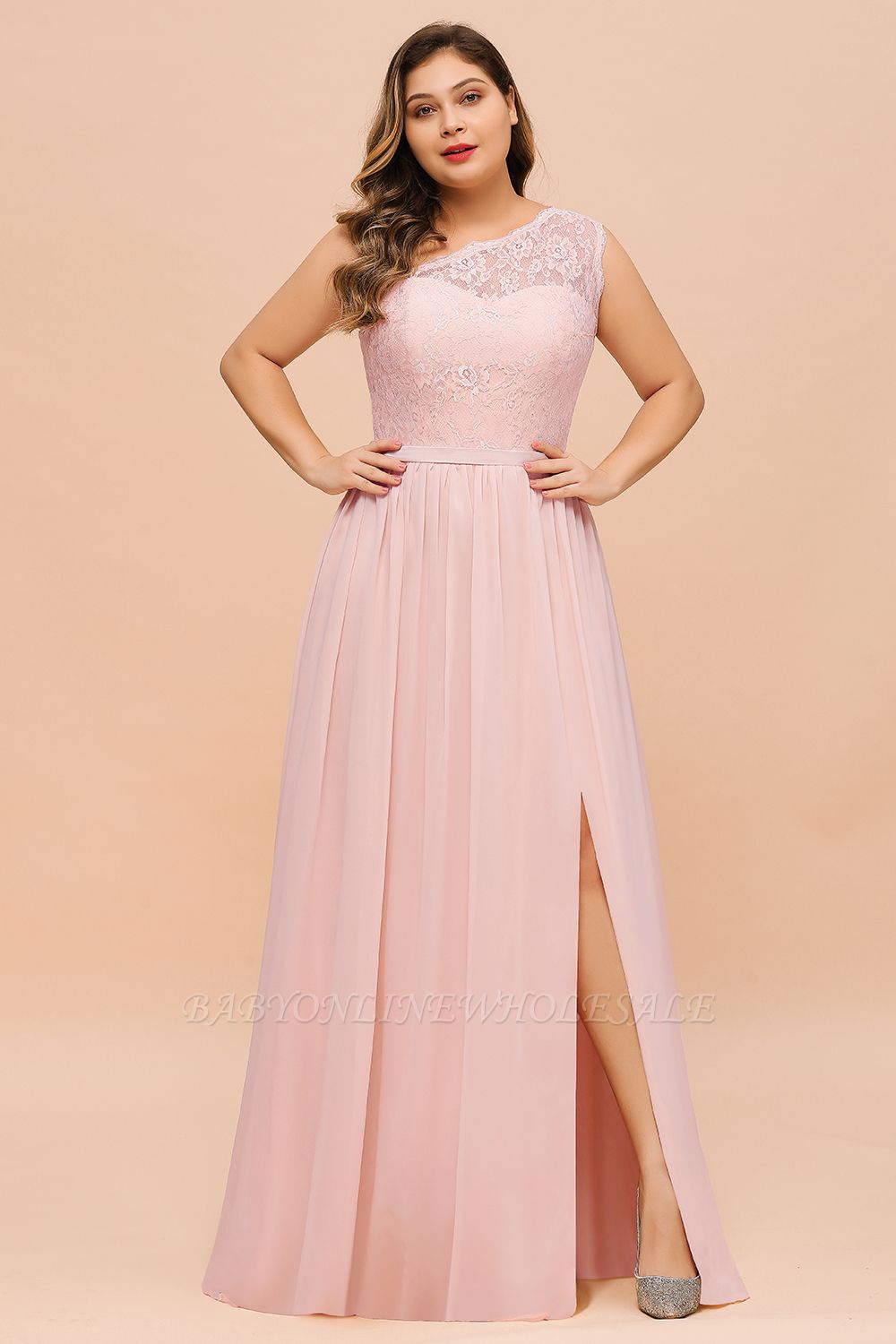 One shoulder Lace Aline Evening Dress Pink Bridesmaid Dress with Side Slit