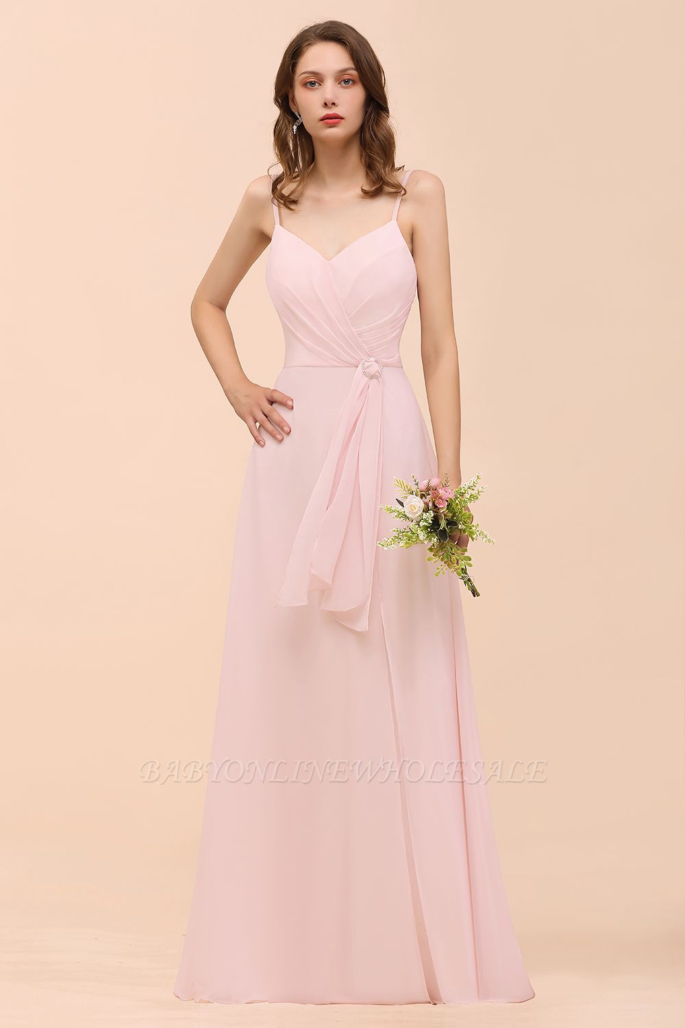 Spaghetti Straps Pink Chiffon Wedding Party Dress Sleeveless Long Bridesmaid Dress