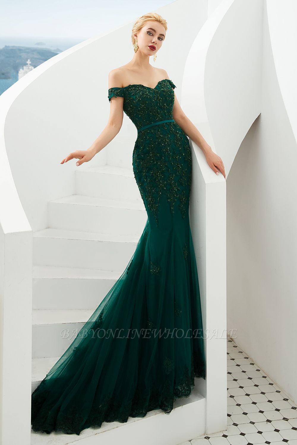 Harvey | Emerald green Mermaid Tulle Prom dress with Beaded Lace ...