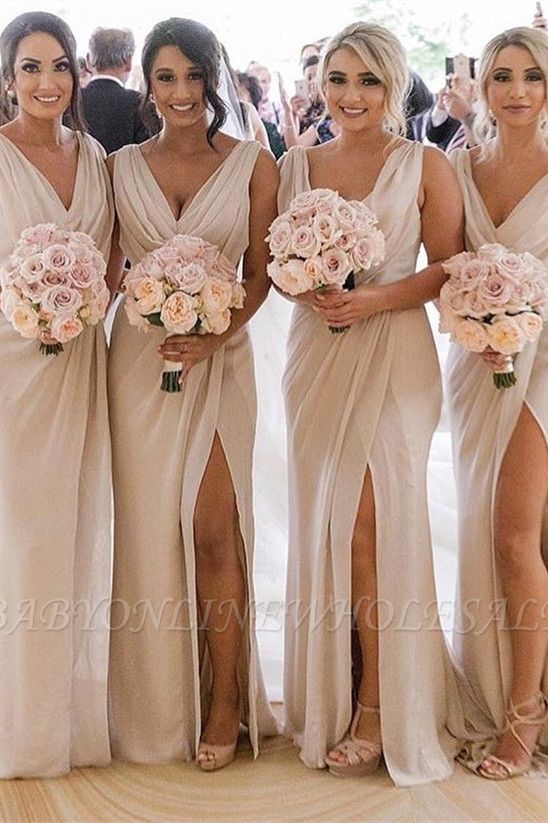 Simple Chiffon Long Bridesmaid Dresses | V-Neck Sleeveless Side-Slit Prom Dresses