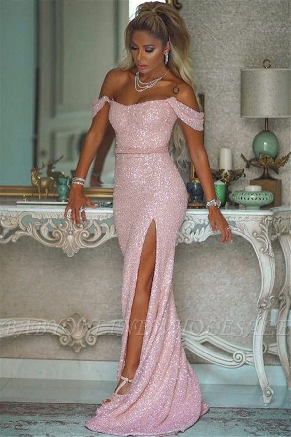 Блестящие блестки розовые платья выпускного вечера с разрезом | Сексуальные вечерние платья с открытыми плечами дешево