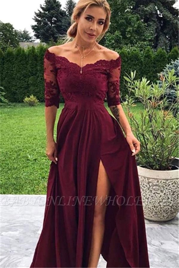 Burgundy Платья для выпускного с короткими рукавами и открытыми плечами с разрезом | Дешевые шифоновые платья