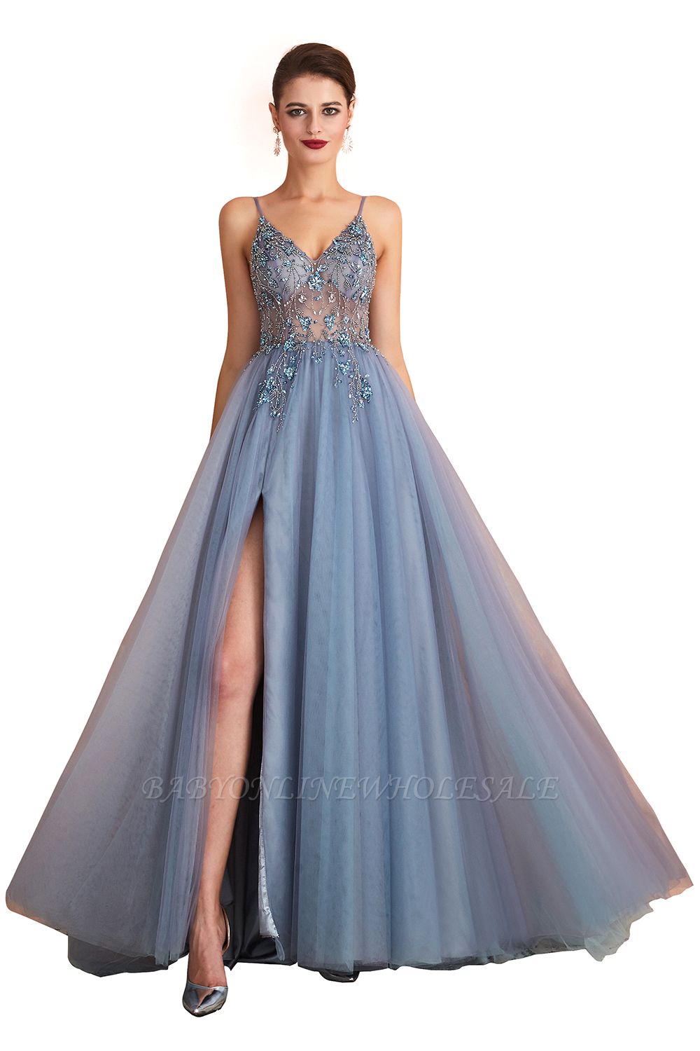 Charlotte | New Arrival Dusty Blue, Pink Spaghetti Strap Prom Dress with Sexy High Split, Evening Gowns Online