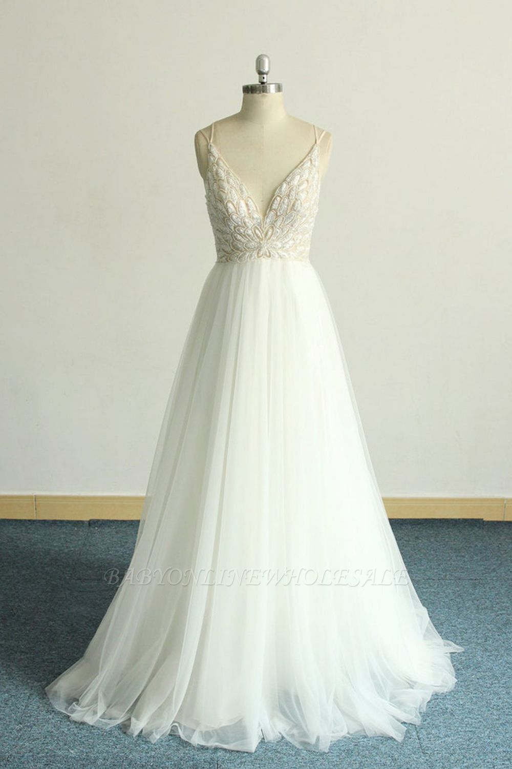 V-neck Lace White Floor length Simple Wedding Dresses