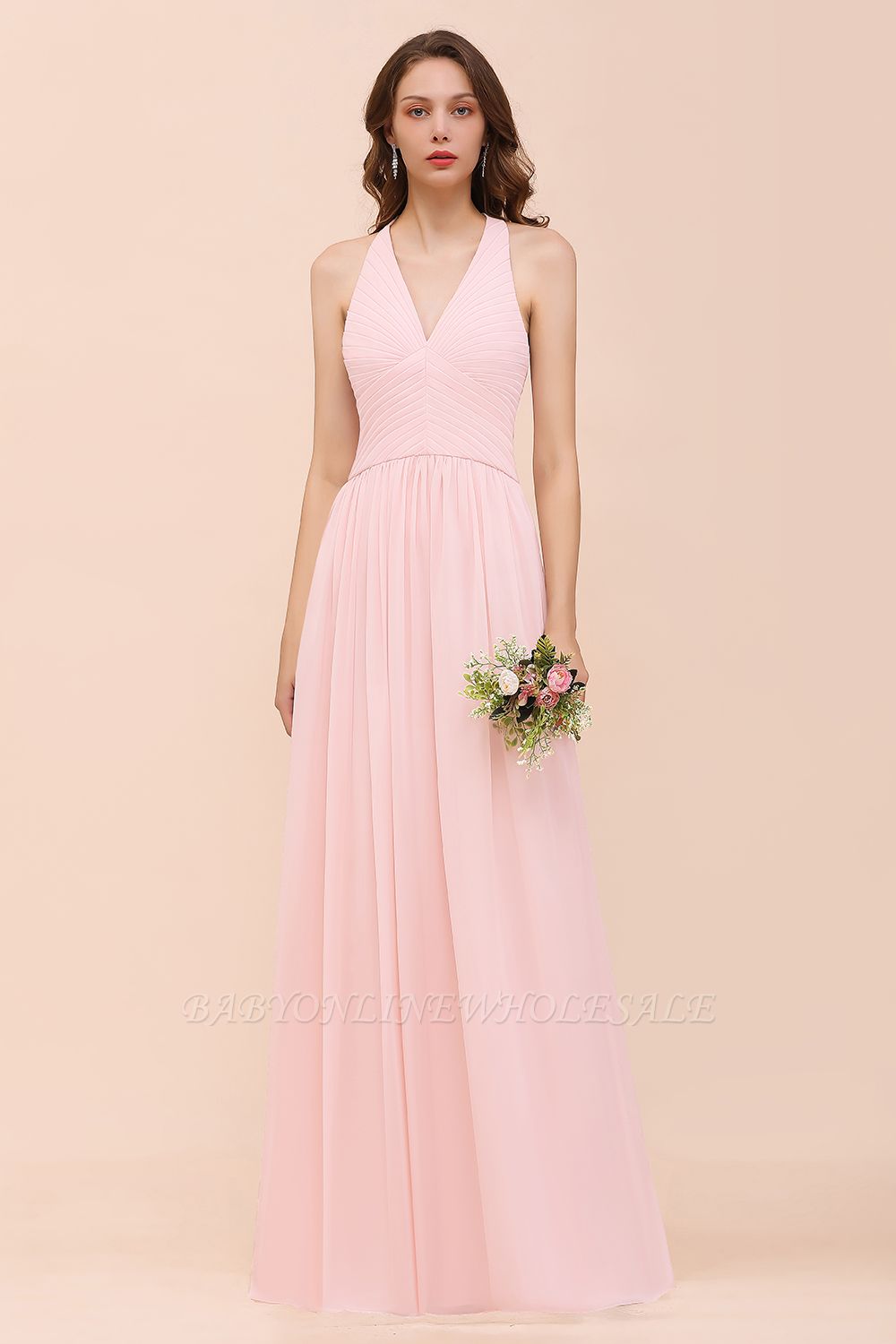 Rosa schlichtes Brautjungfernkleid mit V-Ausschnitt Aline Chiffon Hochzeitsgastkleid